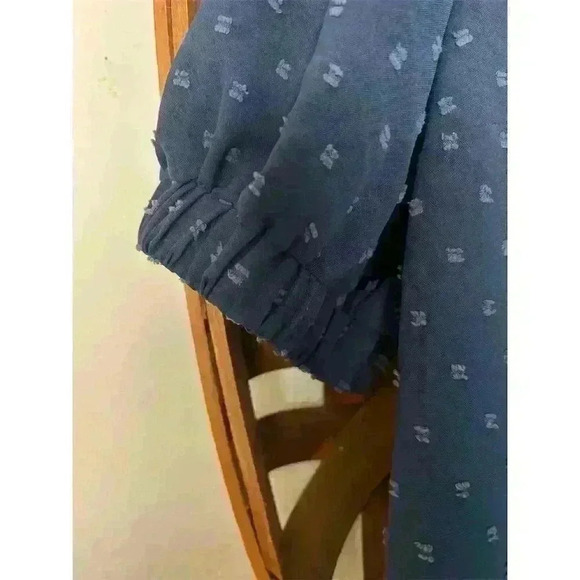 Women's V-Neck Textured Dot Blouse Lace Trim Puff Sleeve Blue S - Picture 6 of 13